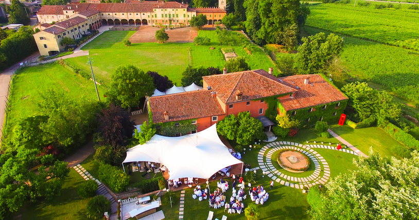 Aerial view of an old country house in Italy.